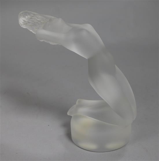 A Lalique frosted glass Chrysis paperweight, after the 1931 car mascot, signed Lalique, France to base, original box, H 13.5cm